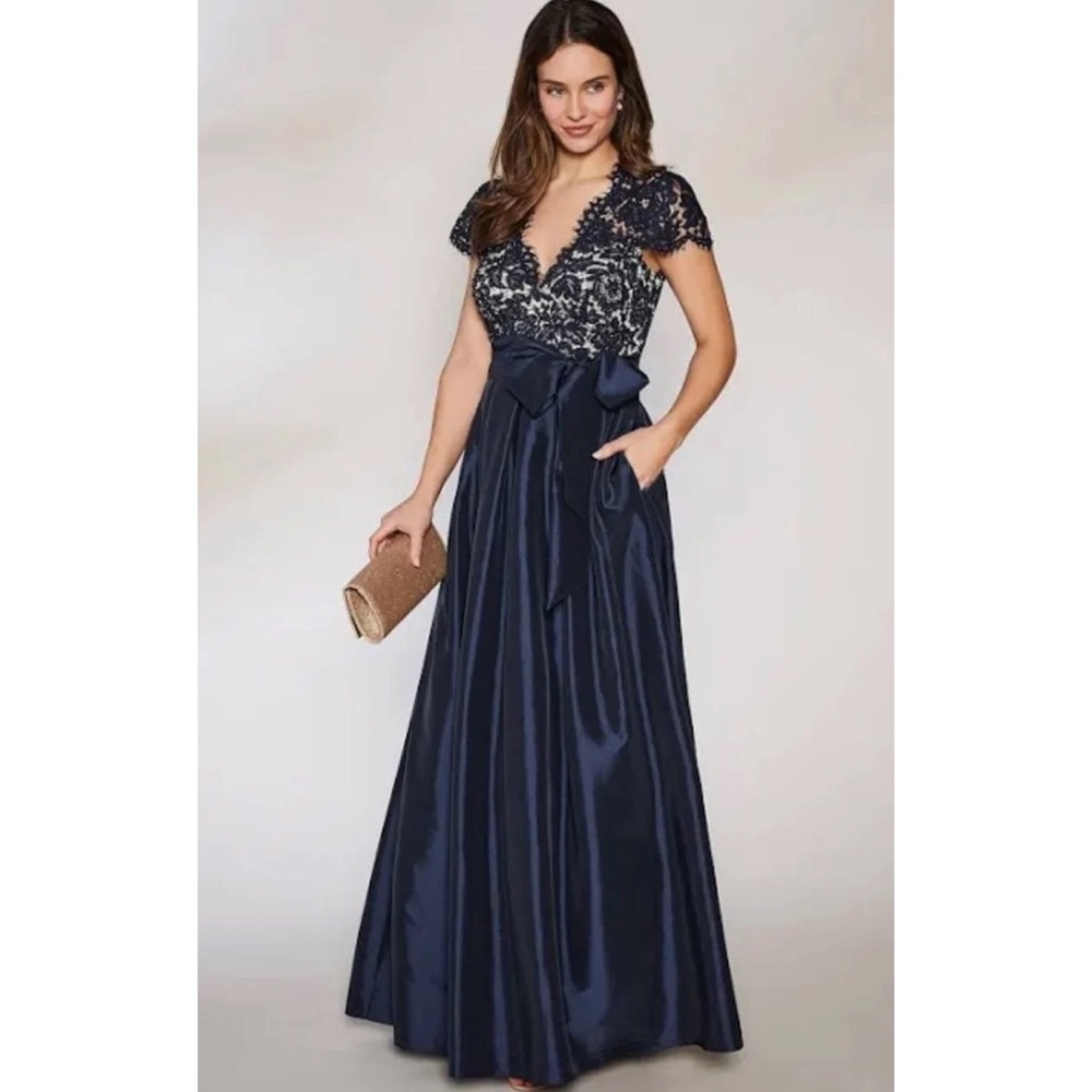 Eliza j lace beaded bodice and taffeta skirt maxi dress gown